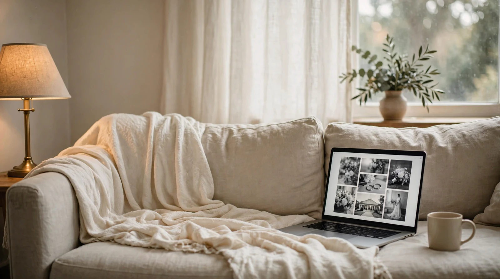 Laptop showing a black and white wedding website on a cozy sofa