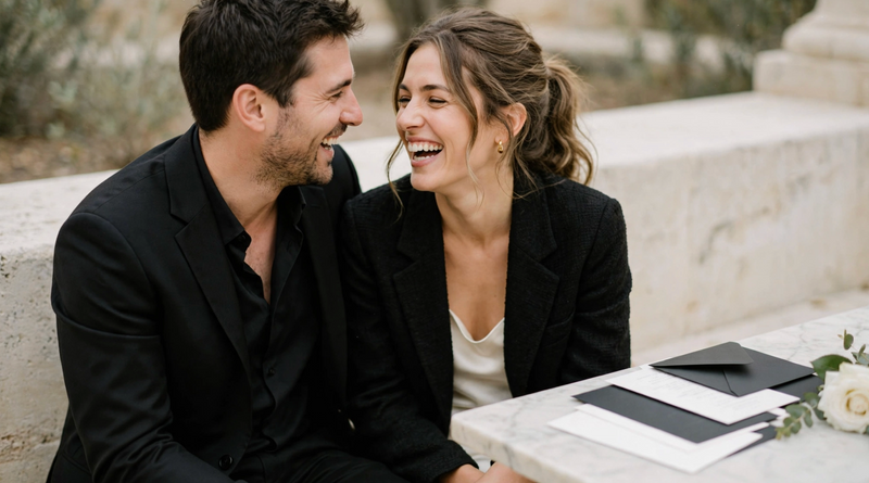 Couple in black tie attire laughing beside a black and white wedding invitation suite