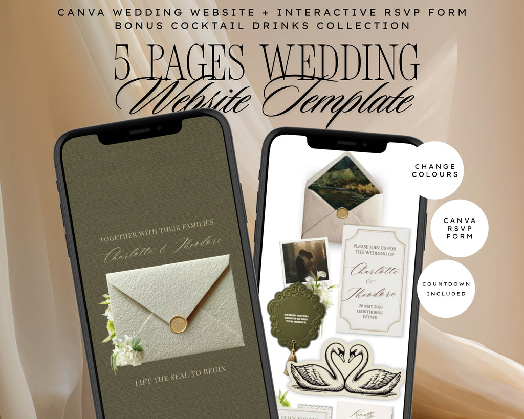 Old Money wedding website template — five pages, interactive RSVP form