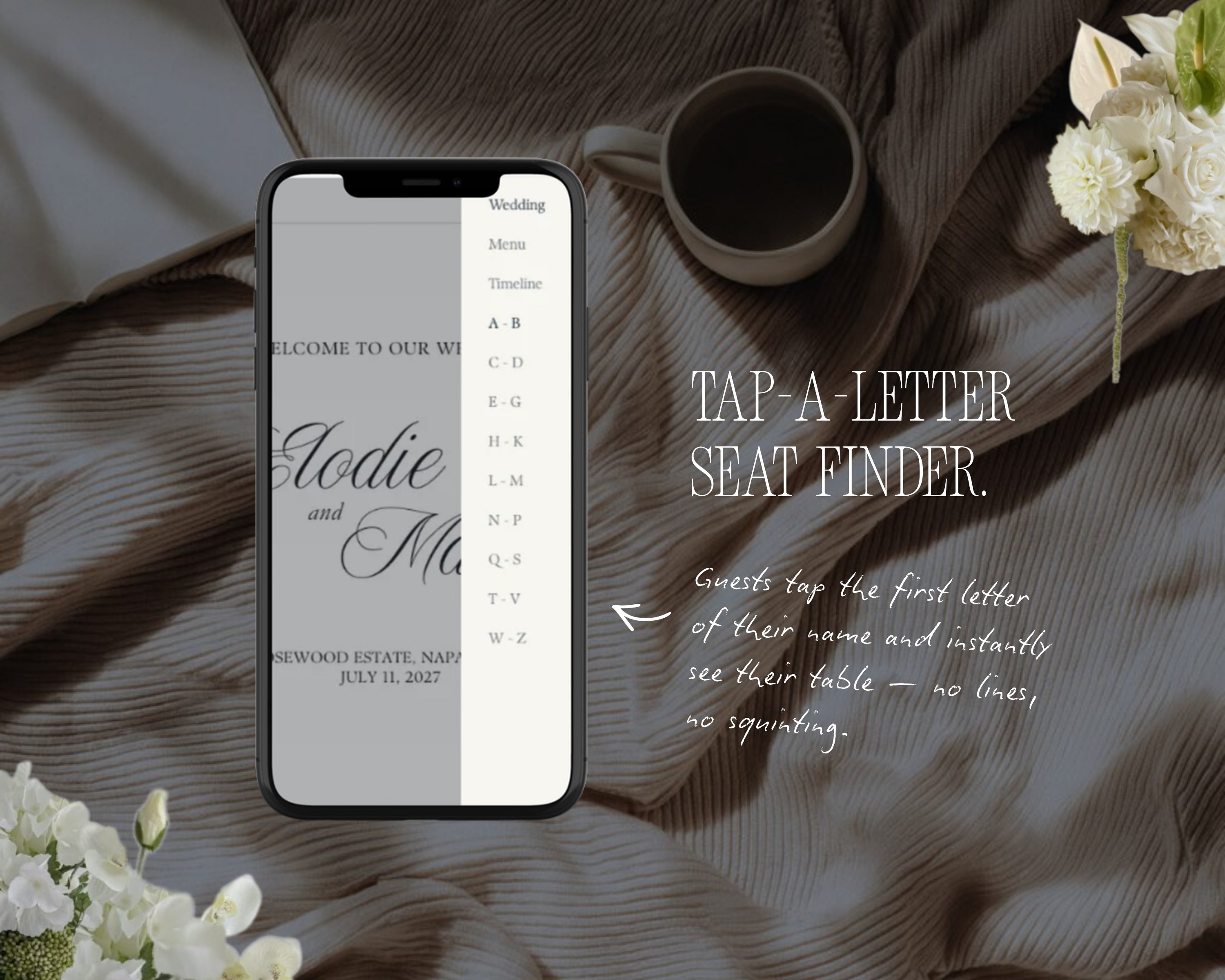 Tap-a-letter seat finder on your phone