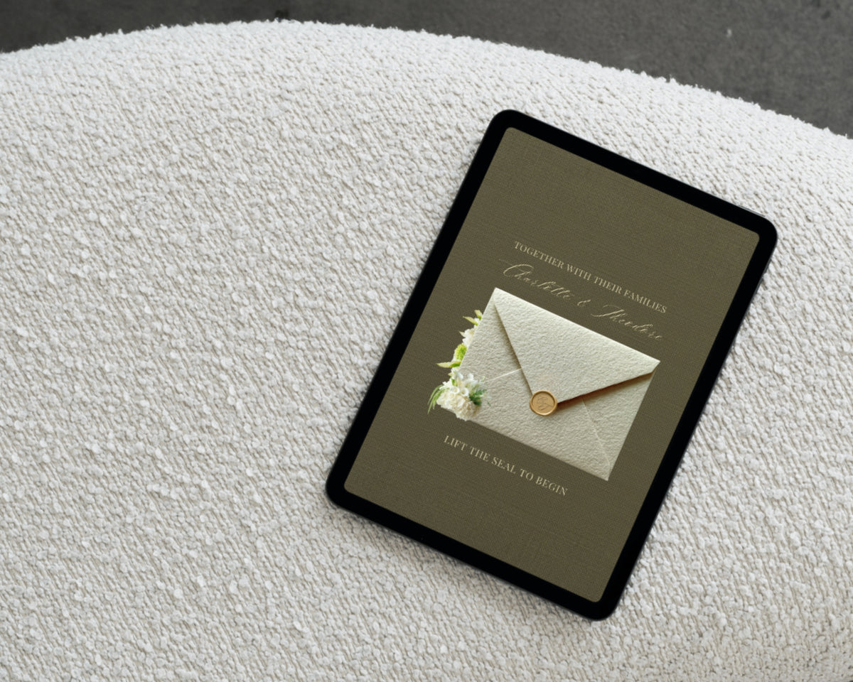 Old Money wedding website shown on a tablet flat-lay