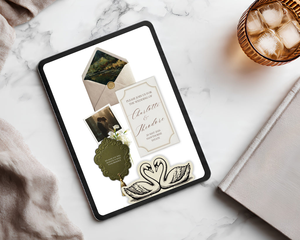 Old Money wedding website shown on a tablet with stationery