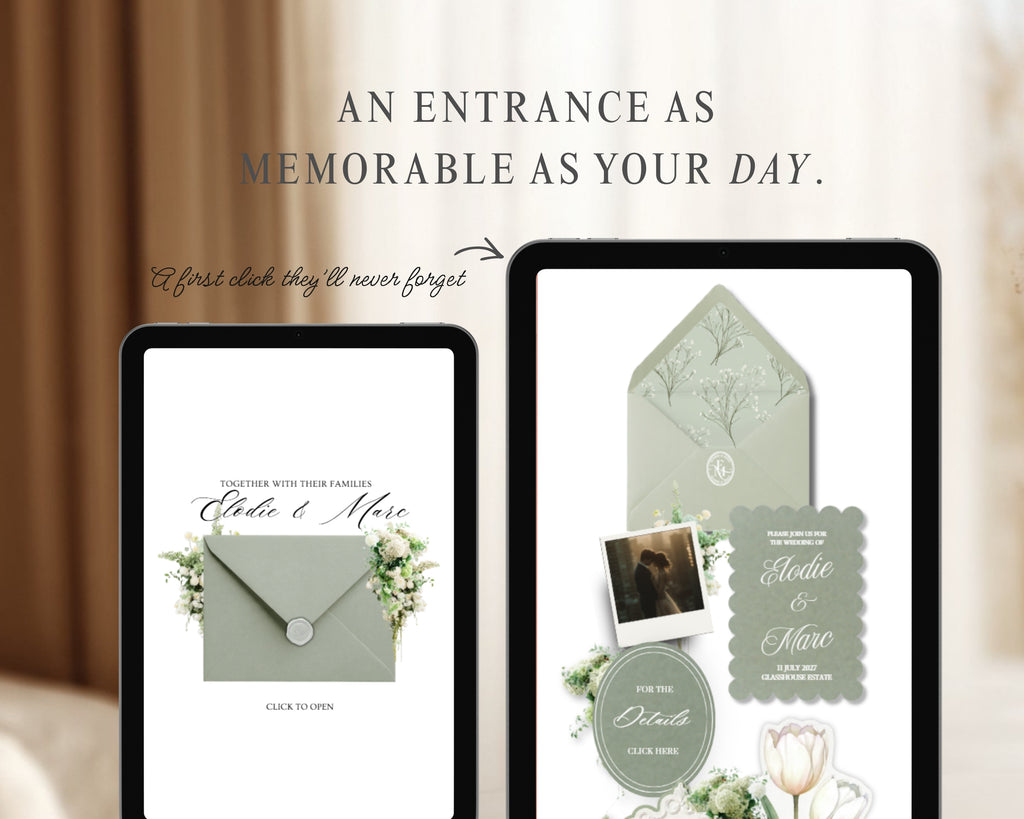 Dusty Sage & Ivory wedding website — an entrance as memorable as your day