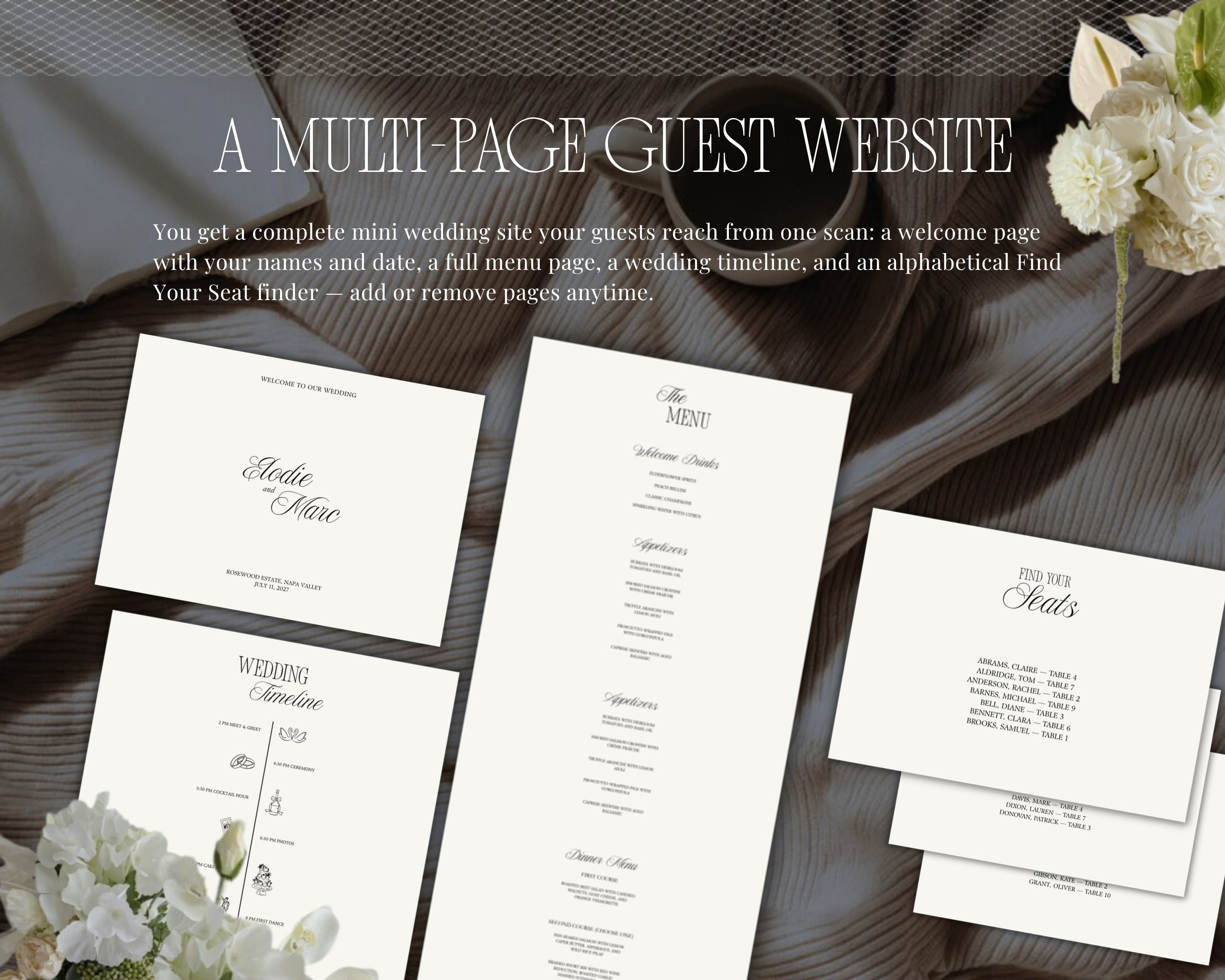 A multi-page guest website: welcome, menu, timeline, seats