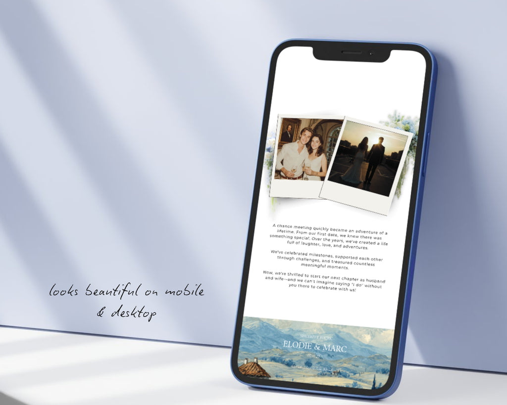 Dusty Blue French Toile wedding website looks beautiful on mobile and desktop