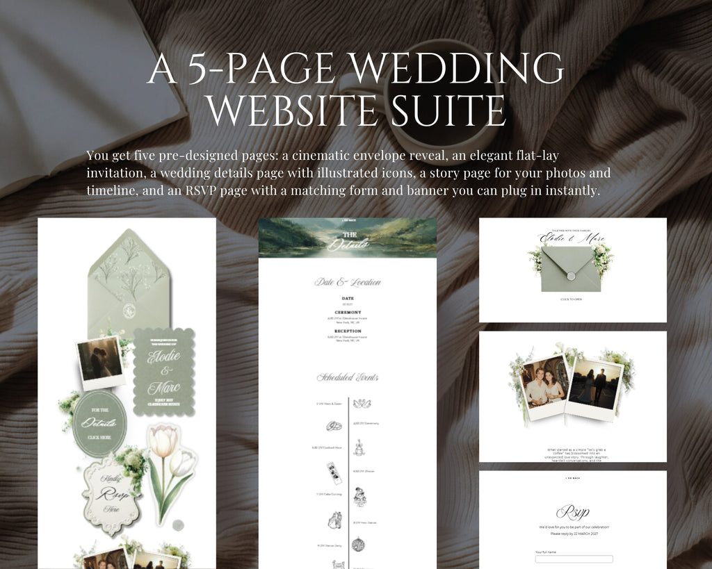 A five-page wedding website suite — Dusty Sage & Ivory