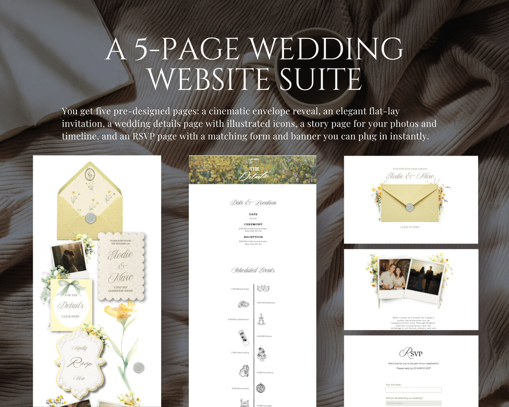 A five-page wedding website suite — Butter Yellow