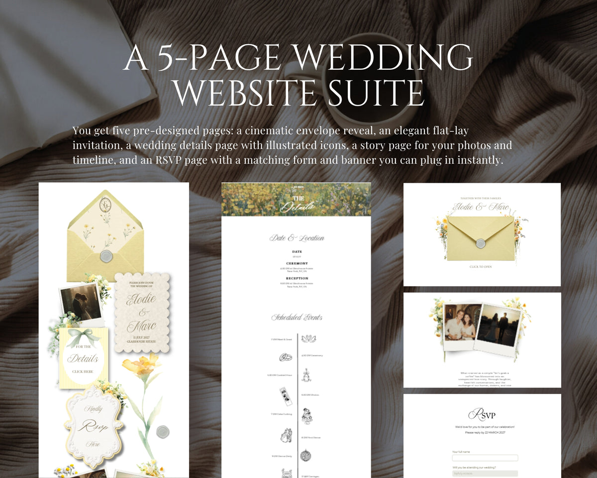 A five-page wedding website suite — Butter Yellow