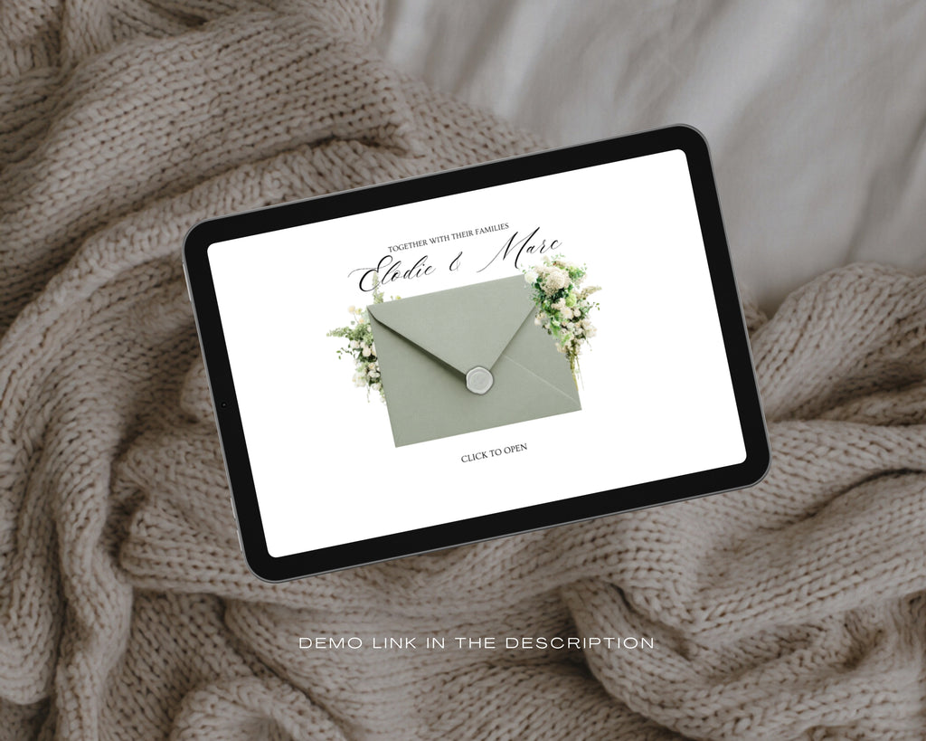Dusty Sage & Ivory wedding website shown on a tablet