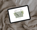 Dusty Sage & Ivory wedding website shown on a tablet