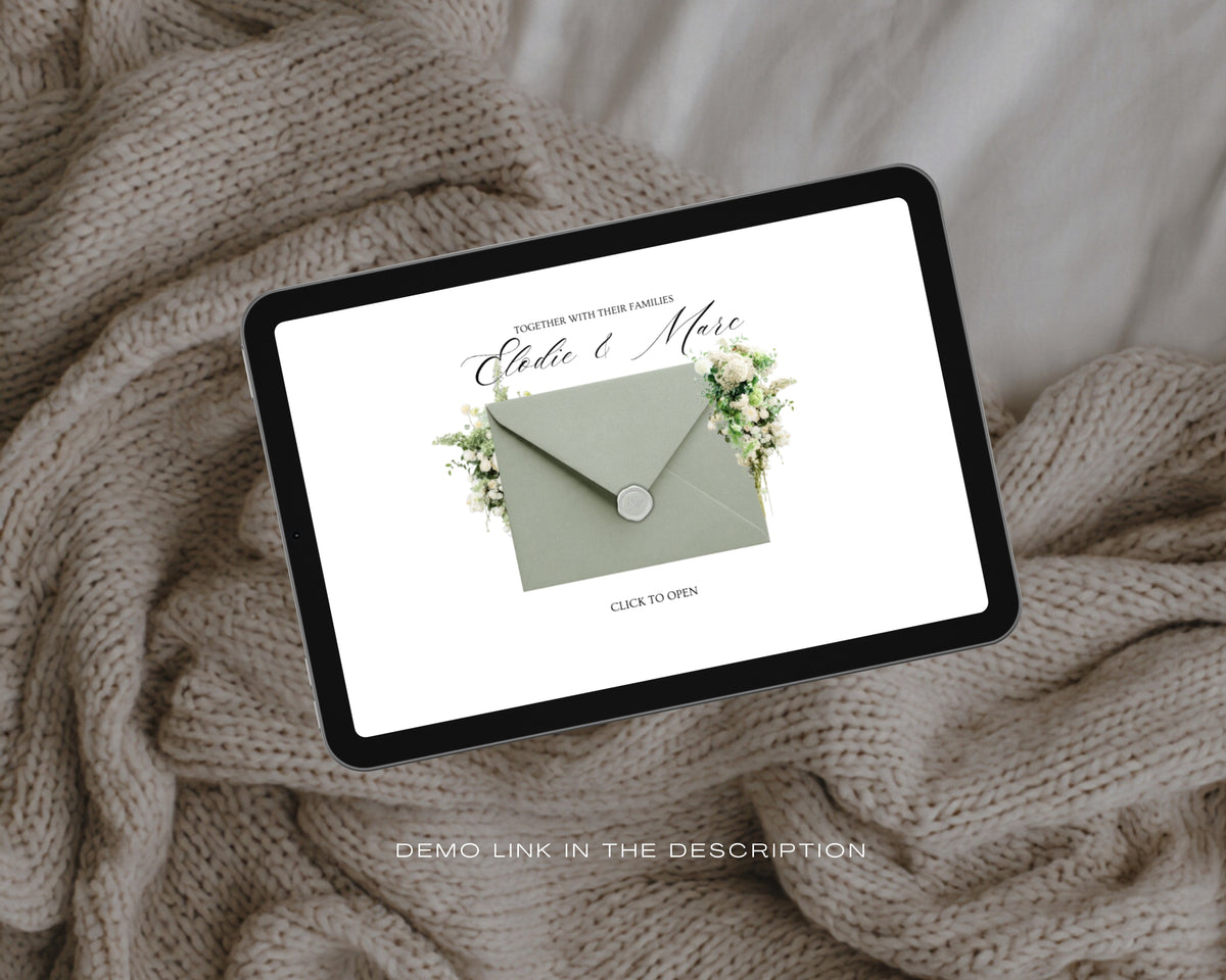 Dusty Sage & Ivory wedding website shown on a tablet