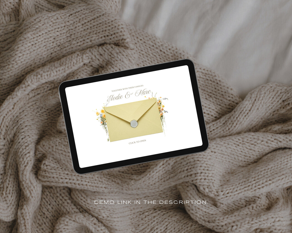 Butter Yellow wedding website shown on a tablet