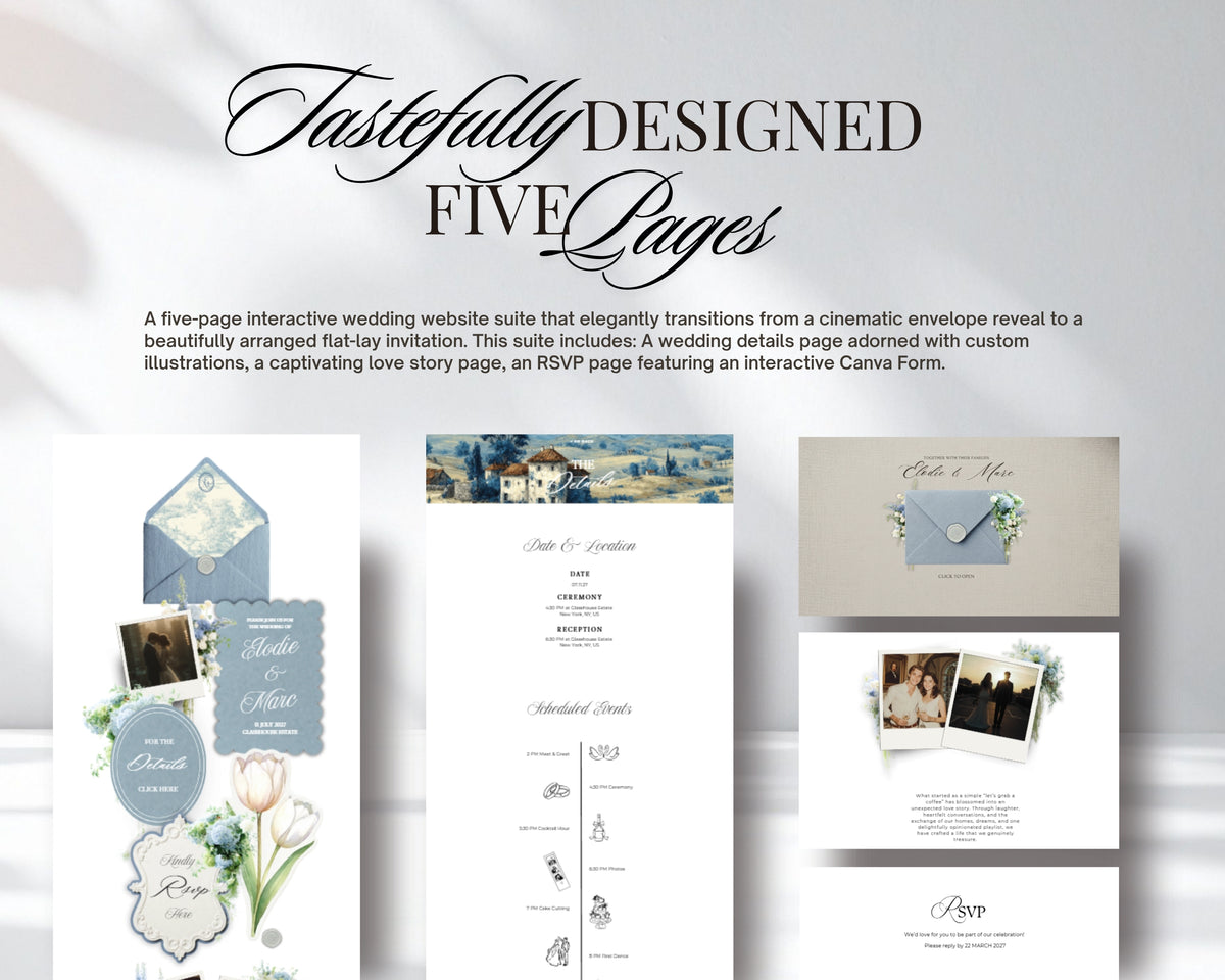 Tastefully designed five pages — Dusty Blue French Toile wedding website