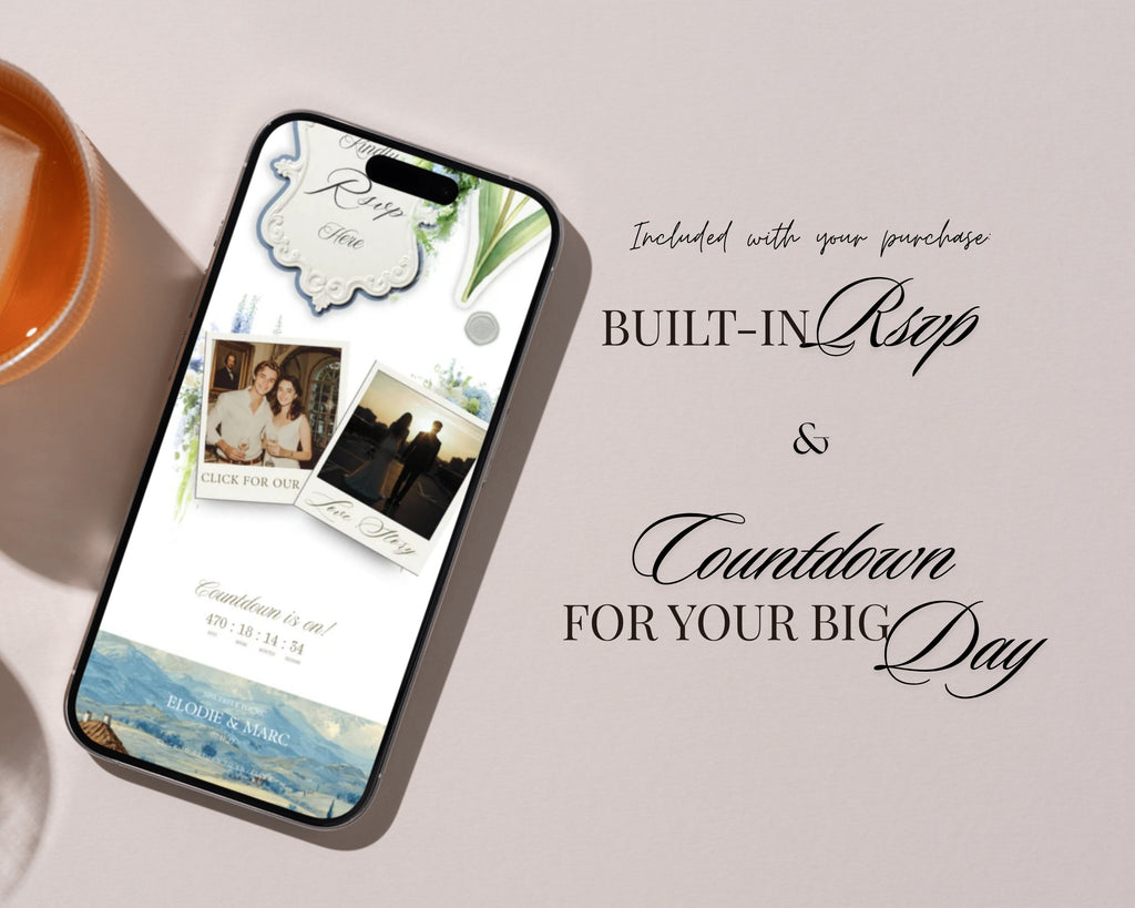 Built-in RSVP and countdown for your big day — Dusty Blue French Toile