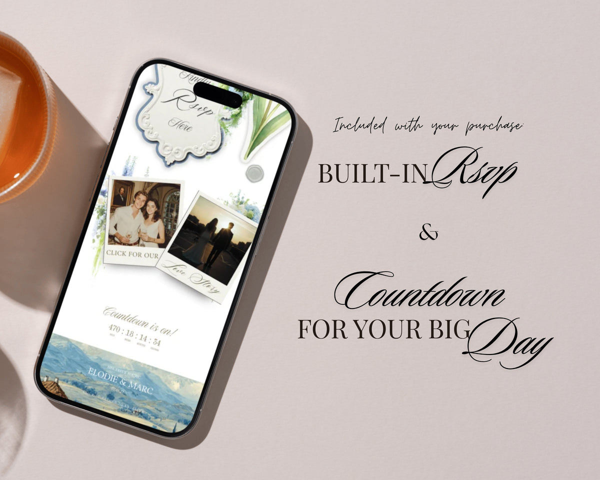 Built-in RSVP and countdown for your big day — Dusty Blue French Toile