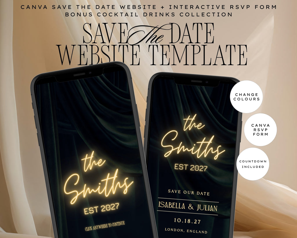 Art deco save the date website template shown on two phones, a gold neon sign reading the Smiths EST 2027 glowing against deep emerald velvet curtains, with badges for change colours, Canva RSVP form and countdown included.