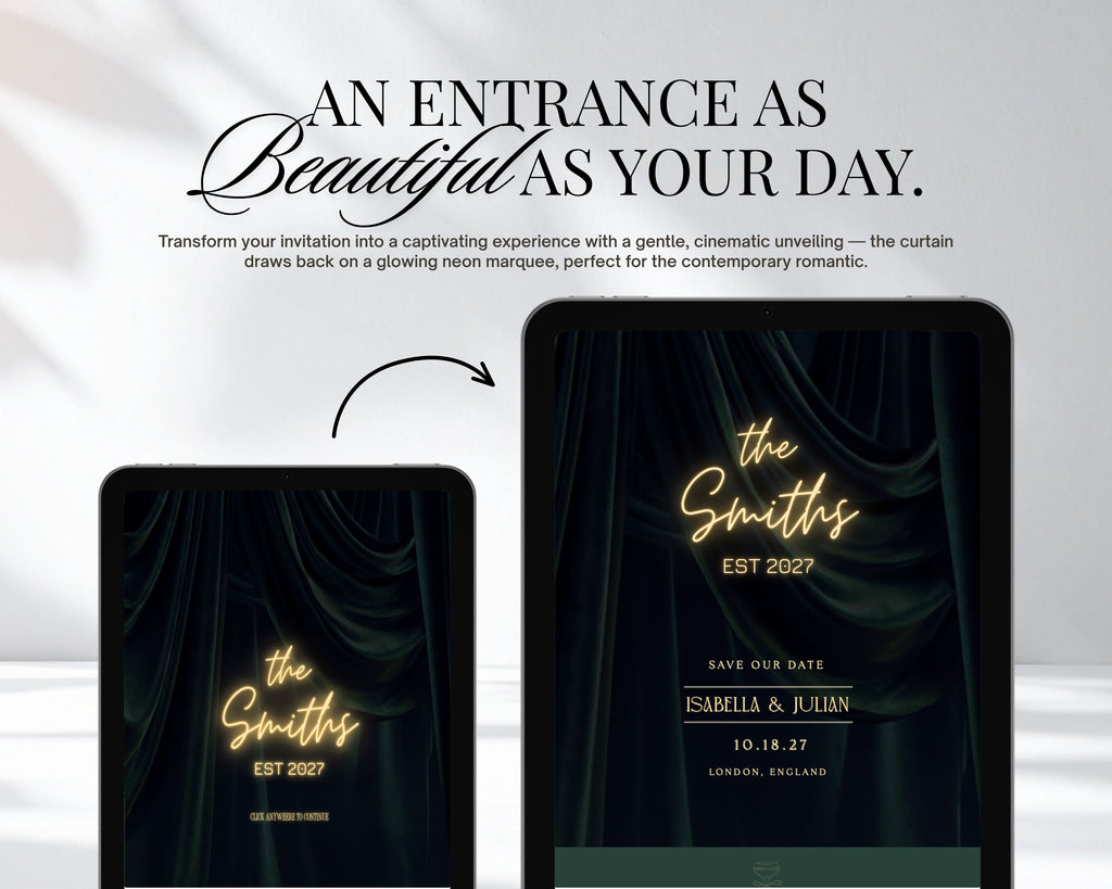 Two devices side by side showing the cinematic entrance of the art deco save the date website: the neon curtain cover, then the save the date landing page with names and date.