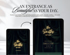 Two devices side by side showing the cinematic entrance of the art deco save the date website: the neon curtain cover, then the save the date landing page with names and date.