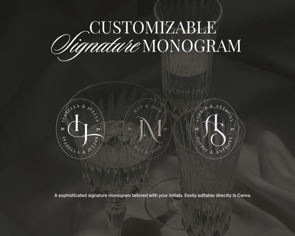 Three customizable signature monogram crests for the art deco save the date, each with interlocking initials, the couple's names around an oval ring and the wedding year.