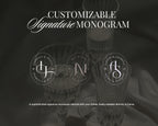 Three customizable signature monogram crests for the art deco save the date, each with interlocking initials, the couple's names around an oval ring and the wedding year.
