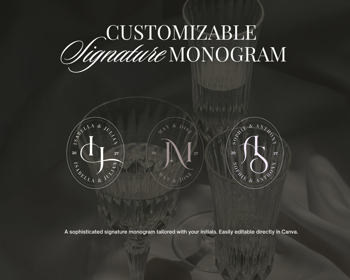 Three customizable signature monogram crests for the art deco save the date, each with interlocking initials, the couple's names around an oval ring and the wedding year.