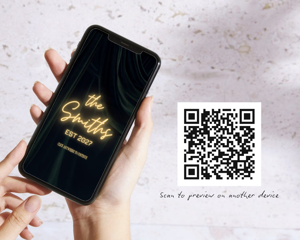 Hand holding a phone showing the art deco save the date neon entrance, next to a QR code for previewing the live wedding website demo on another device.