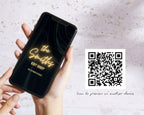 Hand holding a phone showing the art deco save the date neon entrance, next to a QR code for previewing the live wedding website demo on another device.