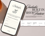Phone showing the built-in Canva RSVP form on the art deco save the date, beside a sample response sheet collecting guest names and mailing addresses.