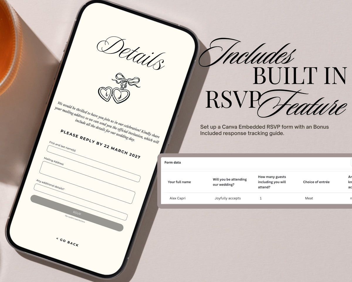 Phone showing the built-in Canva RSVP form on the art deco save the date, beside a sample response sheet collecting guest names and mailing addresses.