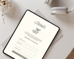 Art deco save the date details and RSVP page on a tablet in a flat lay with dried flowers and headphones.