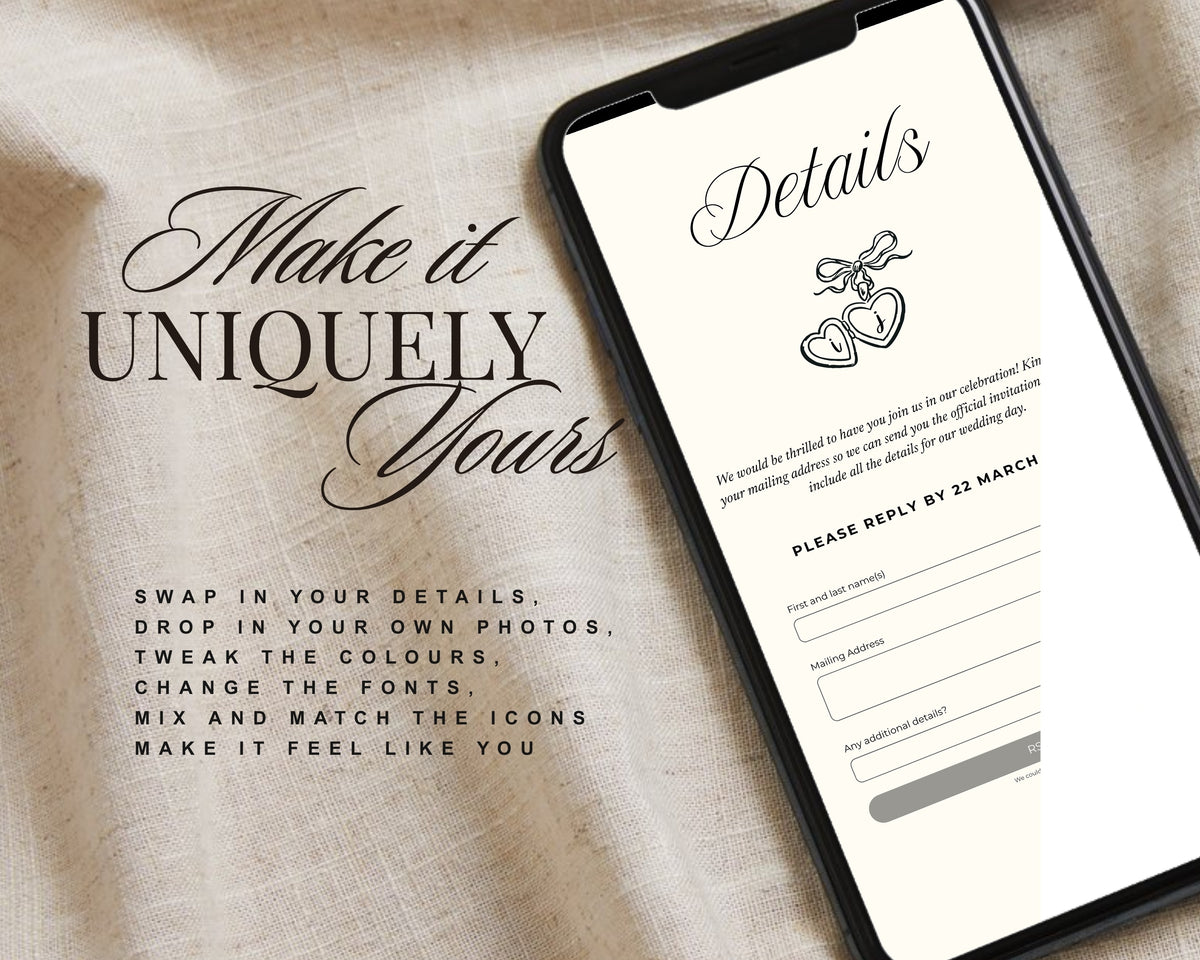 Make it uniquely yours: the art deco save the date details page on a phone resting on linen, showing how the template's wording and colours can be edited in Canva.