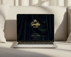 Art deco save the date wedding website open on a laptop on a sofa, showing the neon marquee with the couple's names and wedding date.