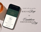 Built-in RSVP and countdown: a phone showing the art deco save the date monogram crest and the live countdown ticking down to the wedding day.