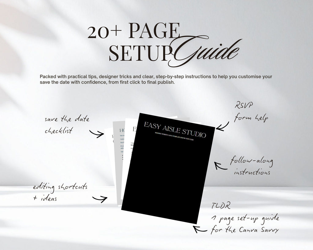 Twenty page setup guide for the art deco save the date, including a checklist, editing shortcuts, RSVP form help and a one page quick start for the Canva savvy.