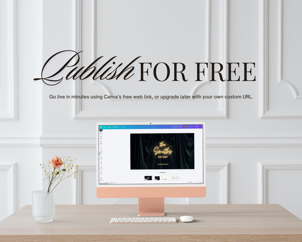 Publish for free: the art deco save the date open in the Canva editor on an iMac, showing the three template pages ready to customise and publish.