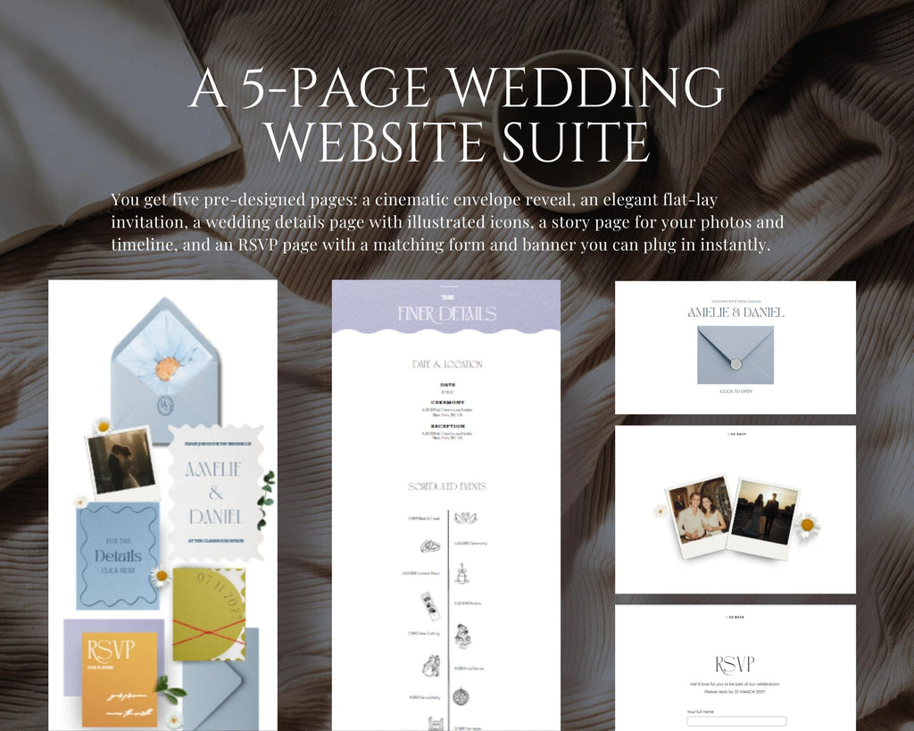 Playful Prestige (Blue Lavender Orange) Wedding Website Template