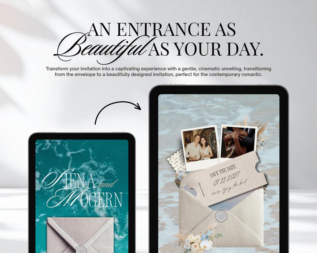 Save the date website template shown on a phone and a tablet, highlighting the animated envelope-opening entrance.