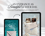 Save the date website template shown on a phone and a tablet, highlighting the animated envelope-opening entrance.