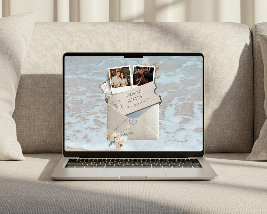Save the date website template shown on a laptop, with the coastal envelope invitation on screen.