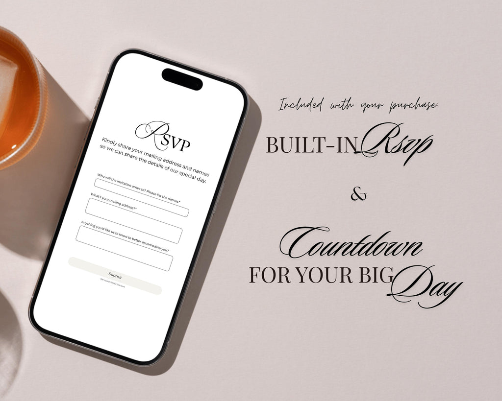 Save the date website with a built-in RSVP form and a wedding countdown for the big day.