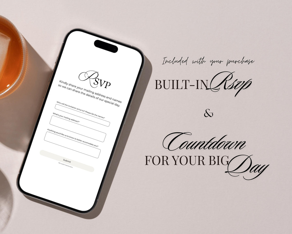Save the date website with a built-in RSVP form and a wedding countdown for the big day.