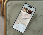 Coastal save the date website template displayed on a phone, styled on a marble tray.
