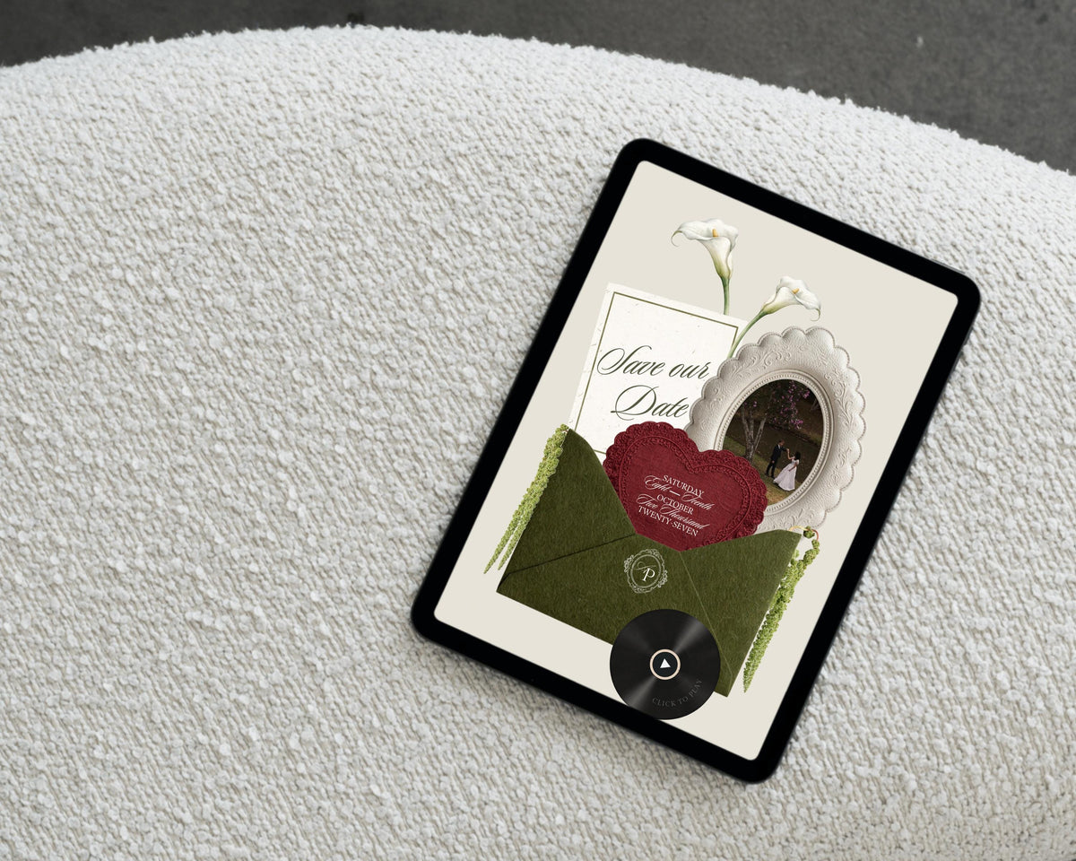 Olive green save the date website template on a tablet, showing the opened invitation with calla lilies, a scalloped portrait frame and a burgundy lace heart.