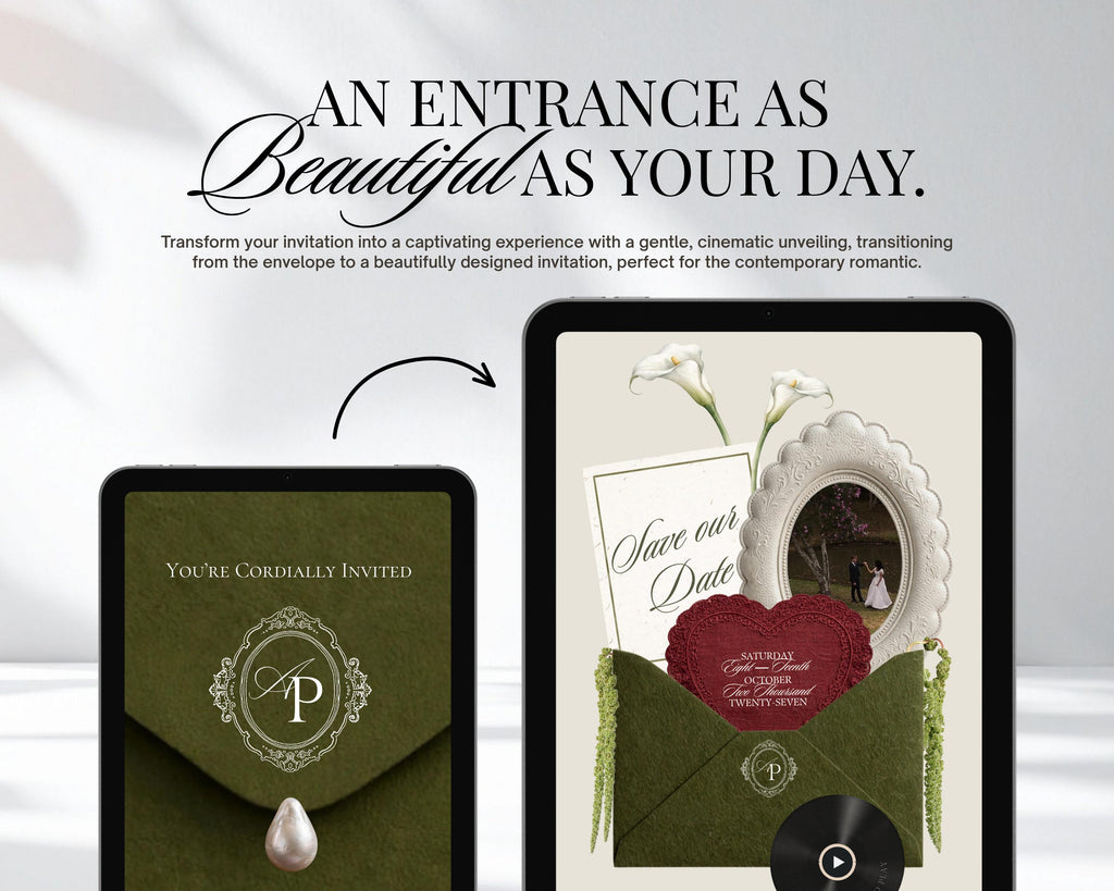 Save the date website template shown on two tablets, highlighting the animated envelope-opening entrance.