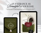 Save the date website template shown on two tablets, highlighting the animated envelope-opening entrance.