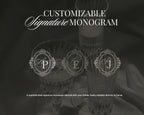 Customizable signature monogram options for the Olive Green Classical save the date website, shown over crystal glassware.