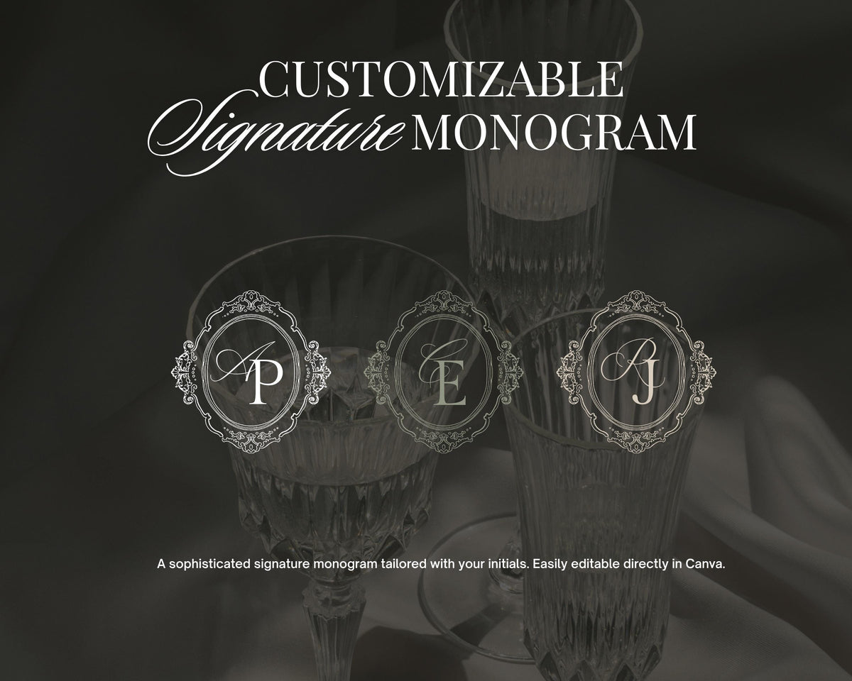 Customizable signature monogram options for the Olive Green Classical save the date website, shown over crystal glassware.