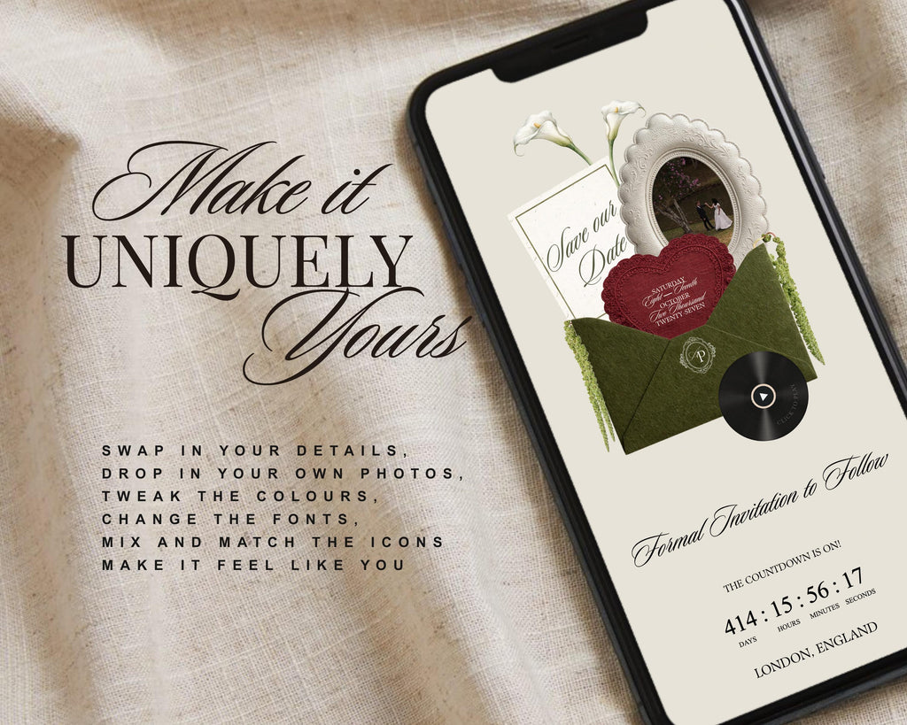 Editable save the date website on a phone — swap in your details and photo, change the colours and fonts.