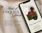Editable save the date website on a phone — swap in your details and photo, change the colours and fonts.