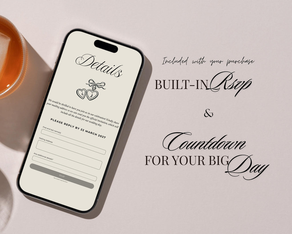 Save the date website with a built-in RSVP form and a live wedding countdown.